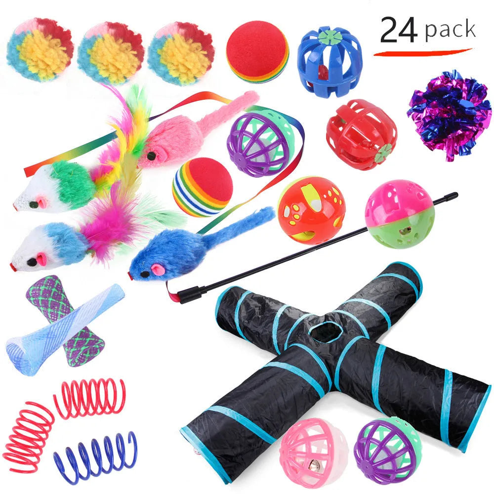 Plastic cat toy set with coloured tunnel channels and a ball for interactive indoor play.