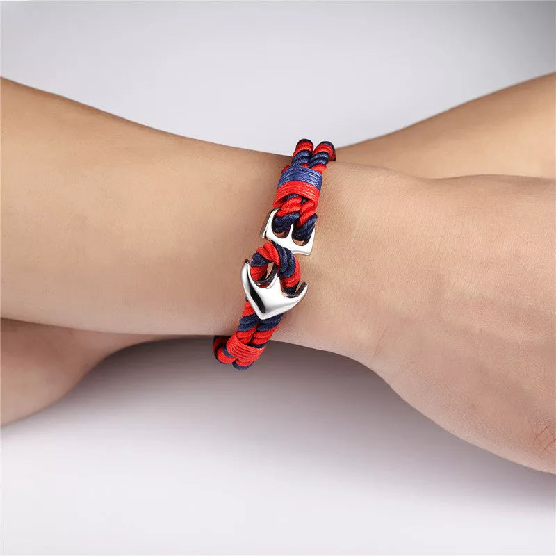 Men's nautical anchor bracelet with survival paracord rope and metal hooks