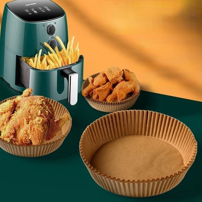 Disposable air fryer liners made from high-quality parchment paper, designed to keep your air fryer clean and your meals healthy