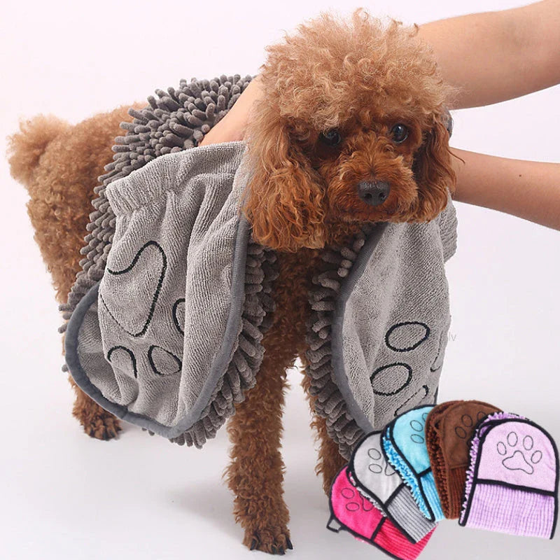 Premium pet towels made with super-absorbent chenille fibers for quick drying and convenient cleanup