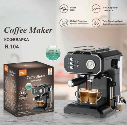 Black semi-automatic coffee machine with LCD display and 1.5L capacity