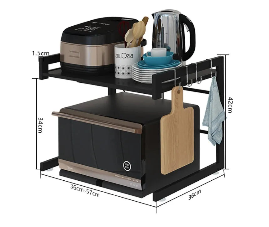 Retractable metal kitchen microwave rack with 2-layer shelf design for countertop organisation