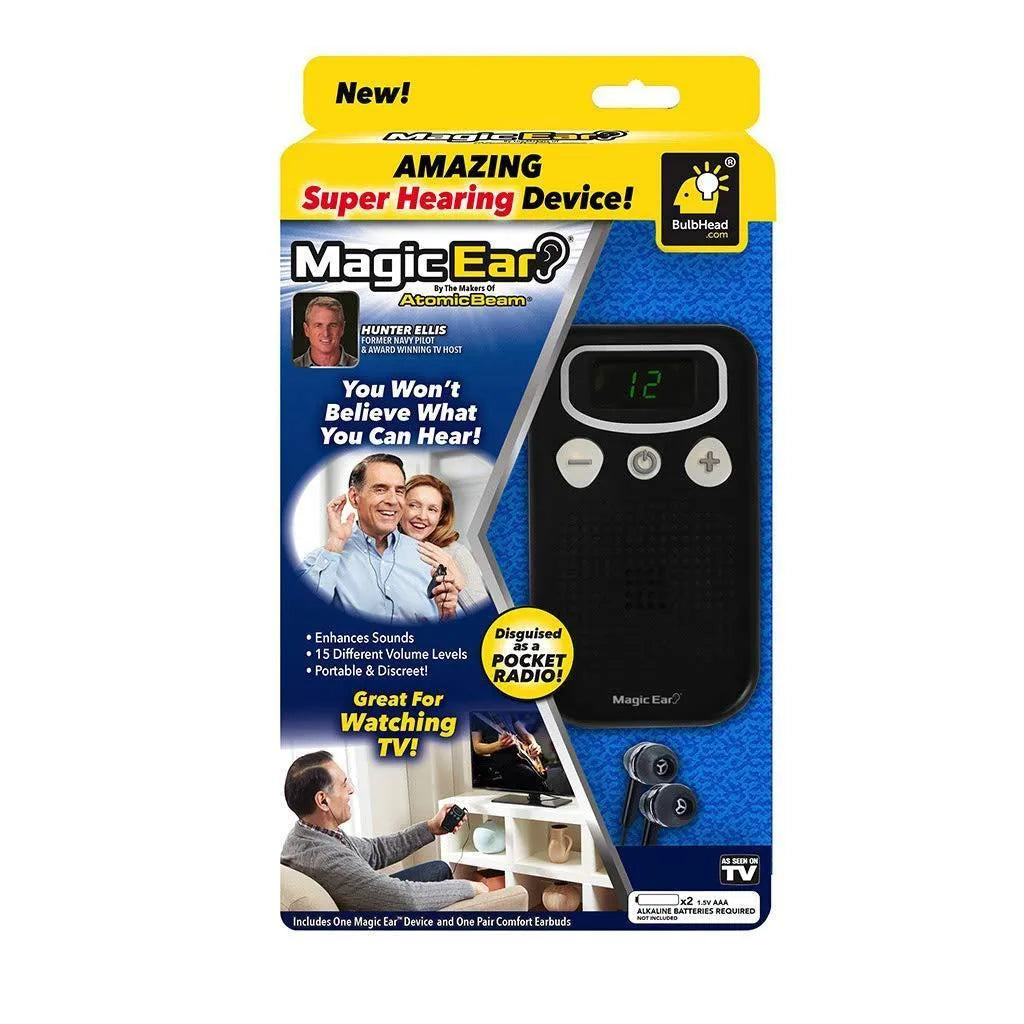 Digital display personal sound amplifier in brilliant colour with handheld FM radio-style design