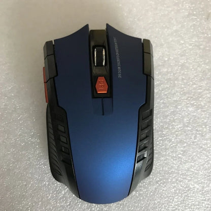 Black wireless computer mouse with six buttons and USB receiver, 100-120mm size
