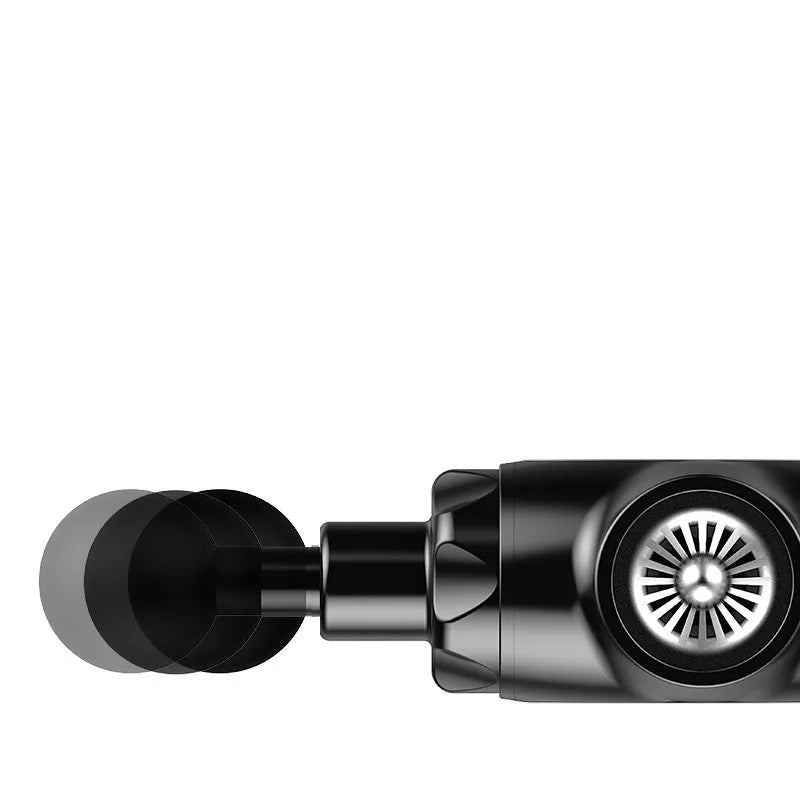Black and white deep tissue massage gun with 12mm stroke for muscle recovery, shown at 3200 RPM speed.