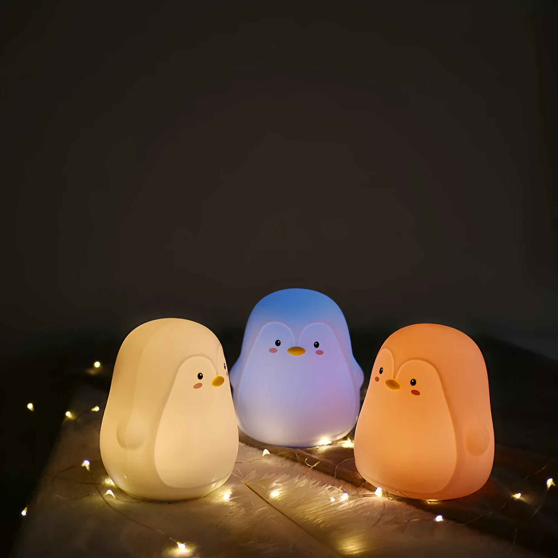Penguin-shaped USB rechargeable night light with soft white glow