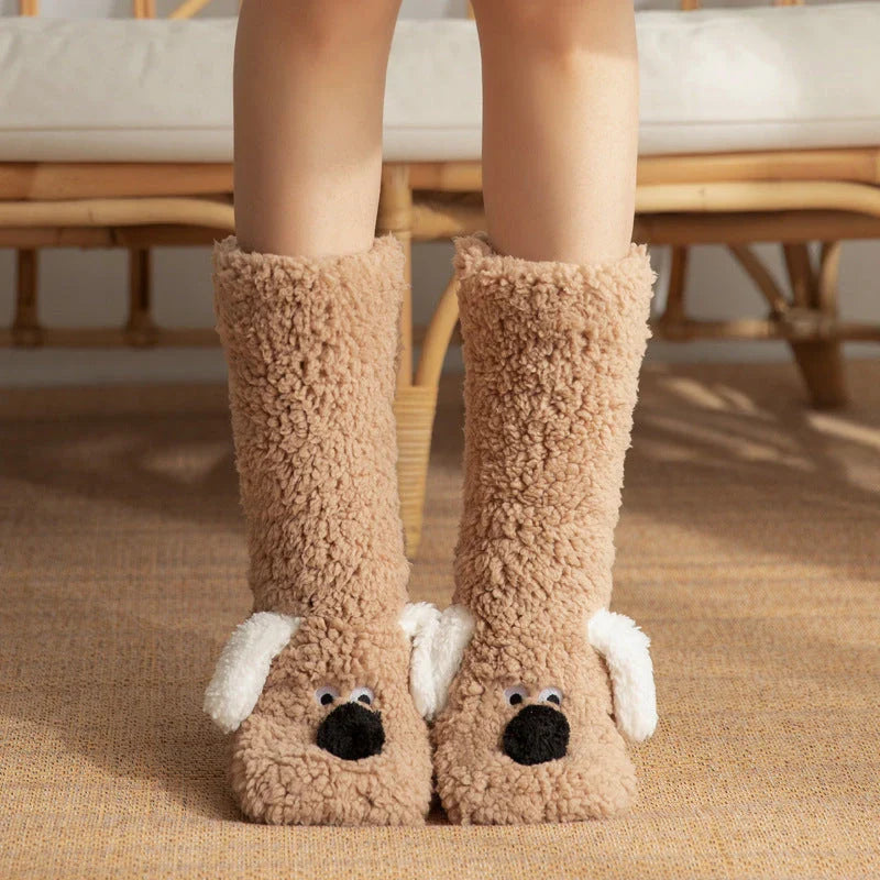 Cozy cartoon dog-themed floor socks in a variety of adorable designs, featuring soft acrylic fabric and non-slip soles