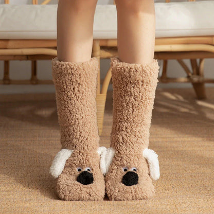 Cozy cartoon dog-themed floor socks in a variety of adorable designs, featuring soft acrylic fabric and non-slip soles