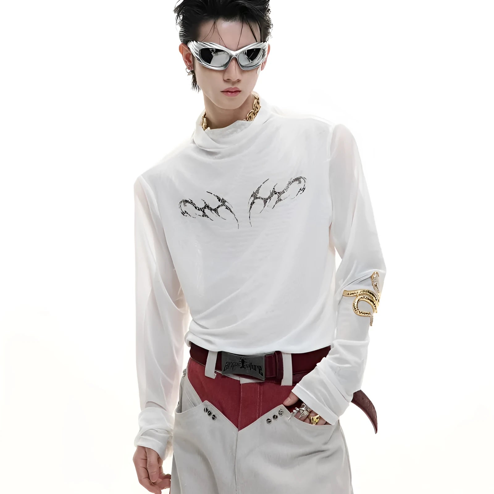 Black and white long sleeve slim fit mesh bottoming shirt laid flat.