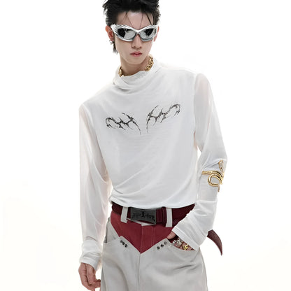 Black and white long sleeve slim fit mesh bottoming shirt laid flat.
