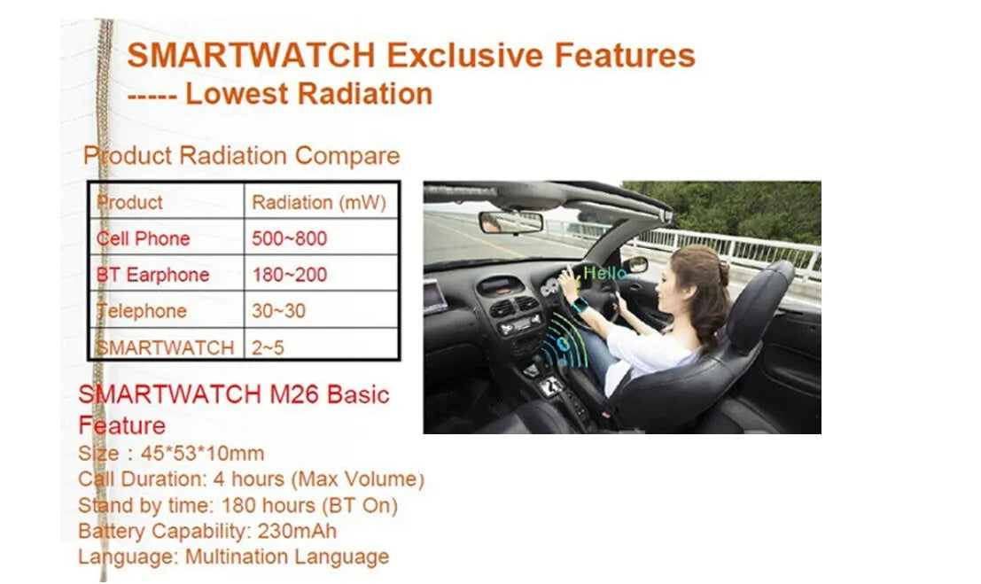 Bluetooth sports watch in white, blue, or black compatible with Apple iPhone and Android smartphones