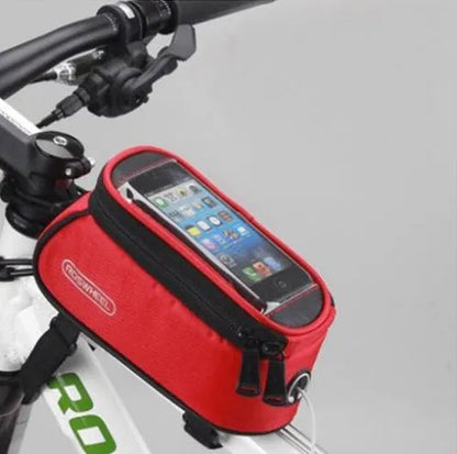 ROSWHEEL bicycle frame bag holder in black blue colour, showing iPhone compatibility and size options