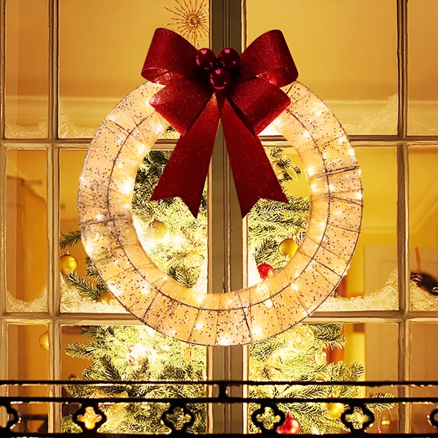 50cm gold and green LED Christmas wreath with fabric bowknot decoration