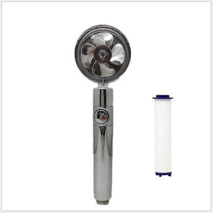 A high-pressure handheld shower head with a turbo-charged water flow and a cotton filter for a luxurious, spa-like bathing experience.
