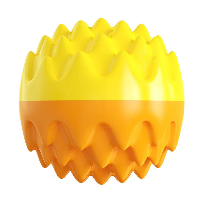 Blue and orange spiky rubber dog ball with squeaker for teeth cleaning and water fetch.