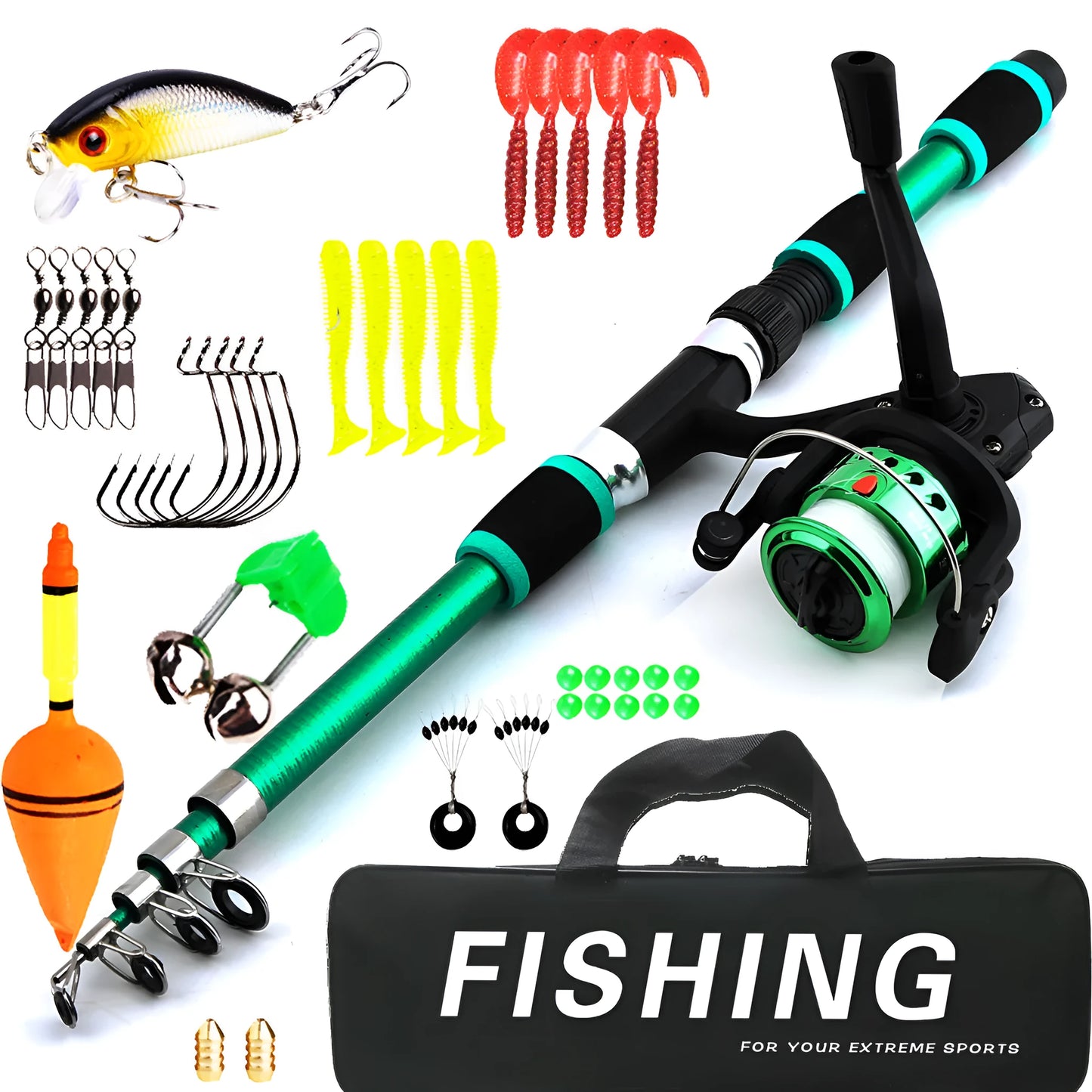 Children's fishing rod suit with pole and wheel reel in blue, green, red or yellow colours with bait accessories
