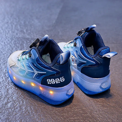 Blue children's flash knob roller skating shoes with striped pattern and rotating adjustment knob.