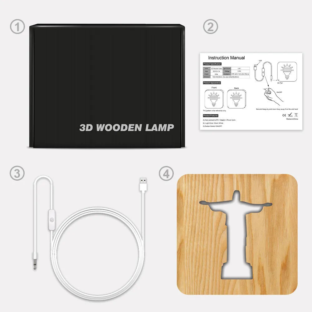 Solid wood hollow night lamp with warm white LED light showing wooden construction and compact dimensions