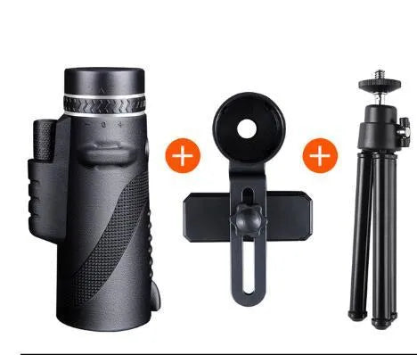 Black HD 40x60 monocular telescope with smartphone attached, showing 40x magnification and compact design.