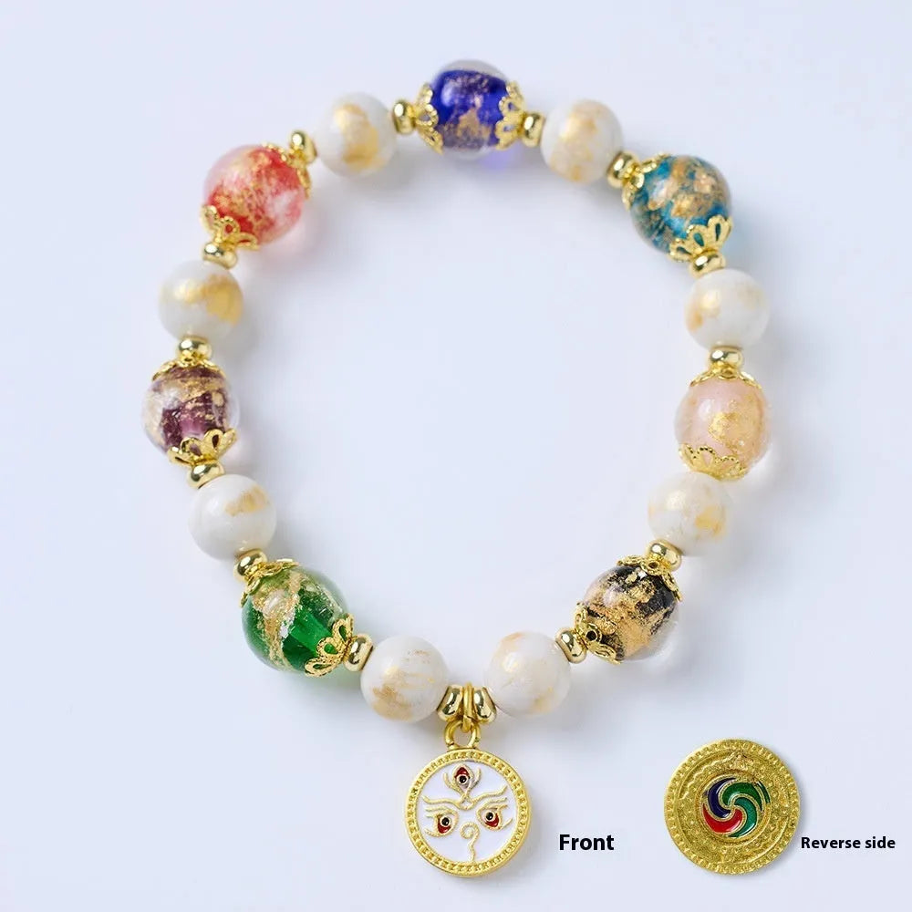 Handmade fragrant gray porcelain bracelet with five Gods of Wealth design in coloured glaze glass