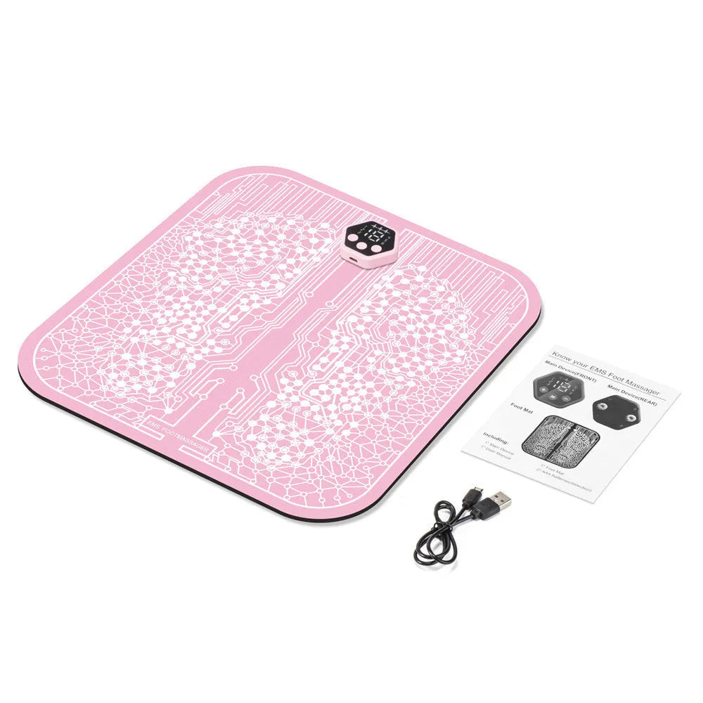 EMS foot massage pad with PU sponge surface, silver ion circuit printing, and separate rechargeable main engine