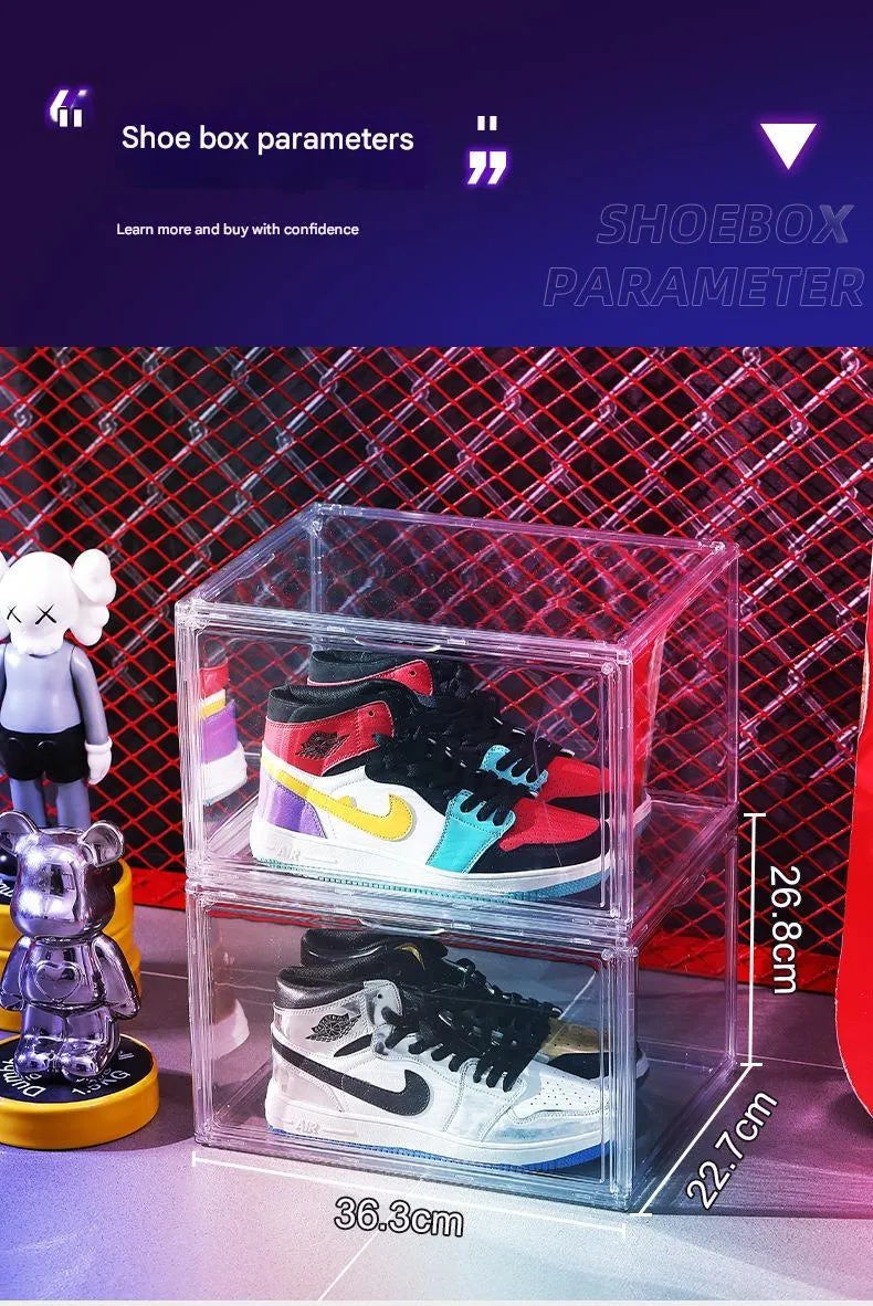 Large transparent acrylic shoe storage box with magnetic side door lid for footwear organisation