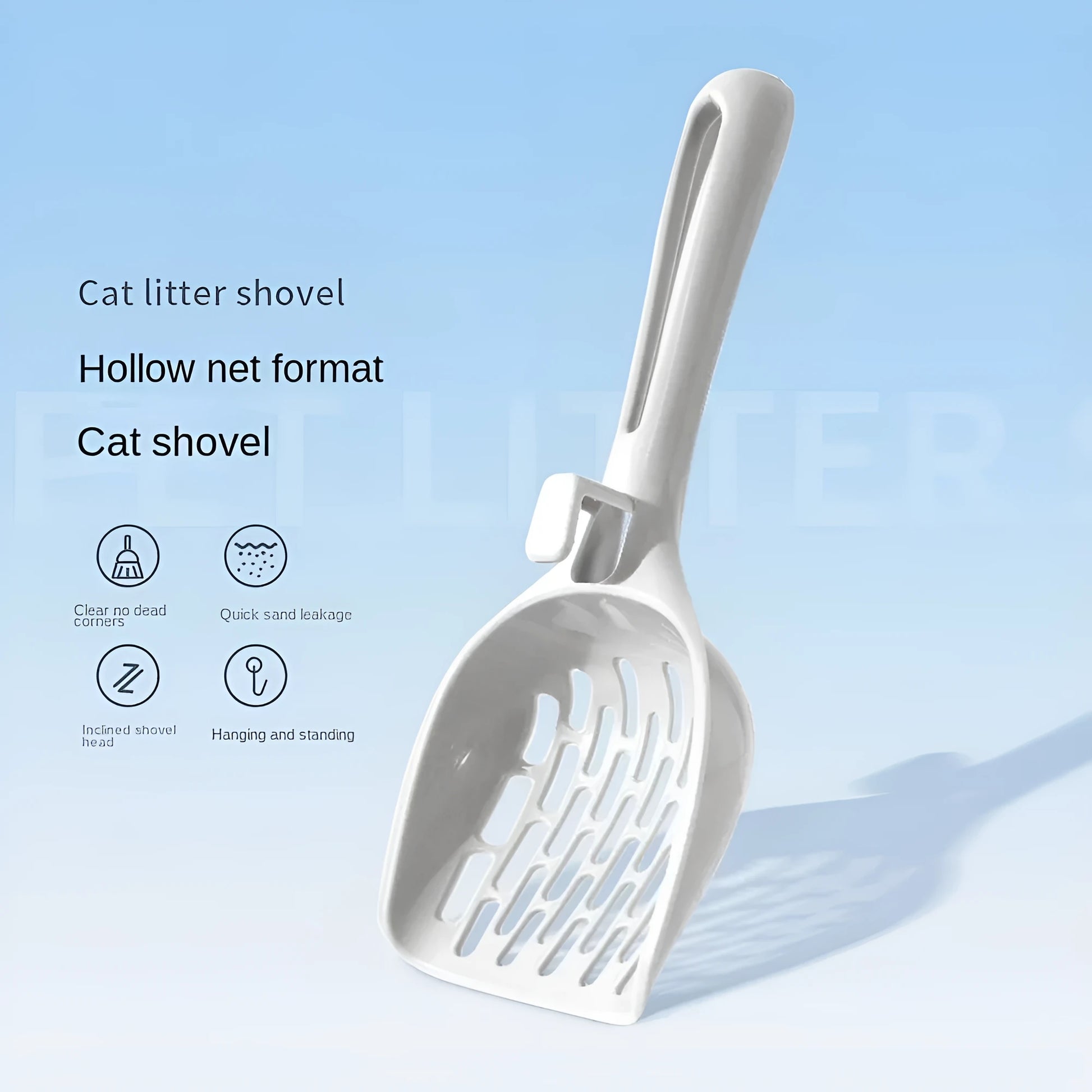 Grey plastic cat litter scoop and self-cleaning base set for litter box maintenance.