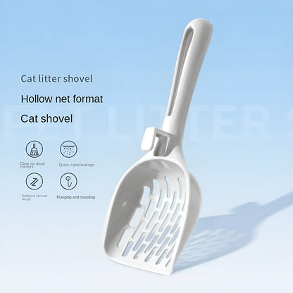 Grey plastic cat litter scoop and self-cleaning base set for litter box maintenance.