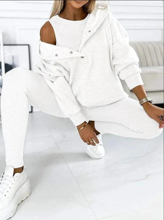 Women's 3-piece sports suit with hooded sweatshirt, vest, and slim trousers in various colours