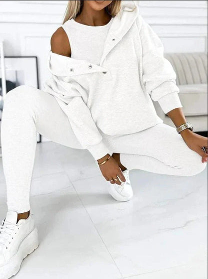 Women's 3-piece sports suit with hooded sweatshirt, vest, and slim trousers in various colours