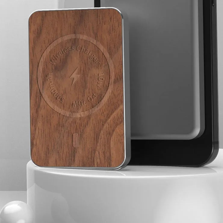 Khaki aluminium alloy wireless charging power bank with magnetic suction and USB port