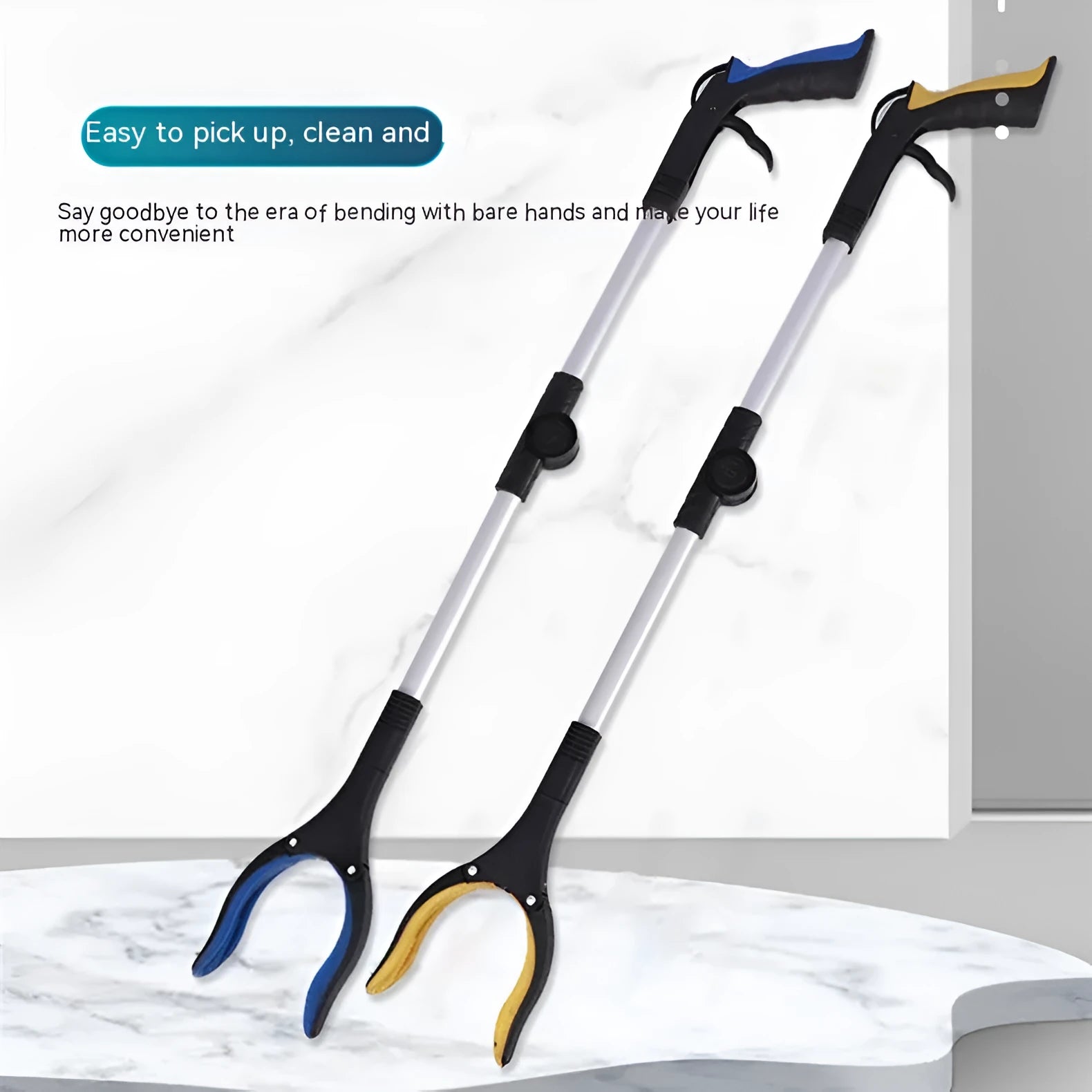 Foldable aluminium garbage clamp with a blue handle, shown extended and with a magnet sucker on the head.