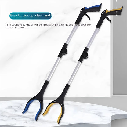 Foldable aluminium garbage clamp with a blue handle, shown extended and with a magnet sucker on the head.