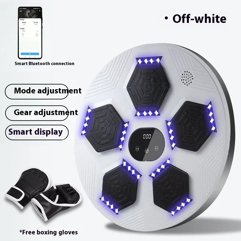 Smart music boxing machine reaction target hanging on wall with boxing gloves