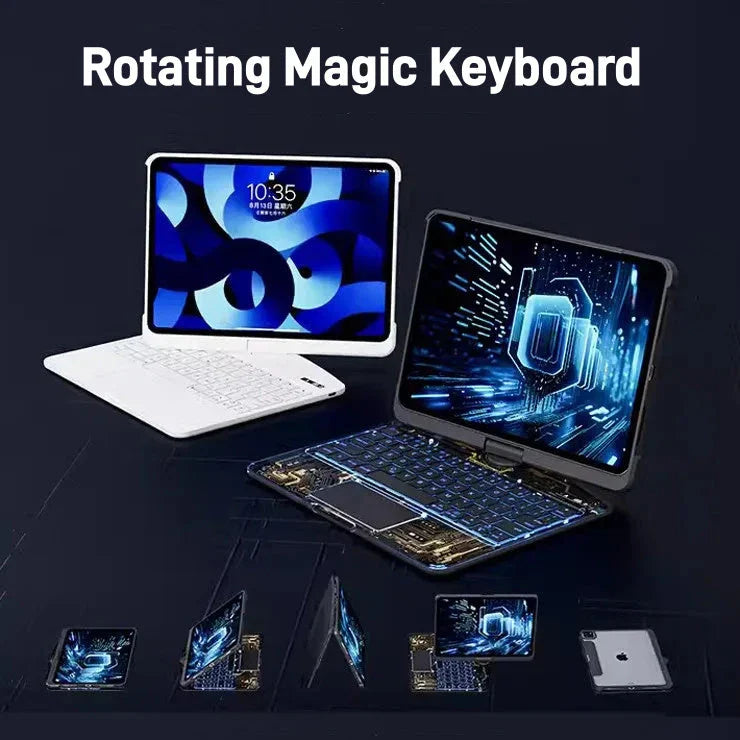 Versatile iPad keyboard case with 360-degree swivel rotation, scissor-style keys, and integrated pen slot for enhanced mobile productivity