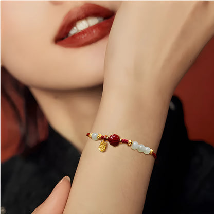 Women's Hetian jade and cinnabar red rope bracelet with adjustable 925 silver chain