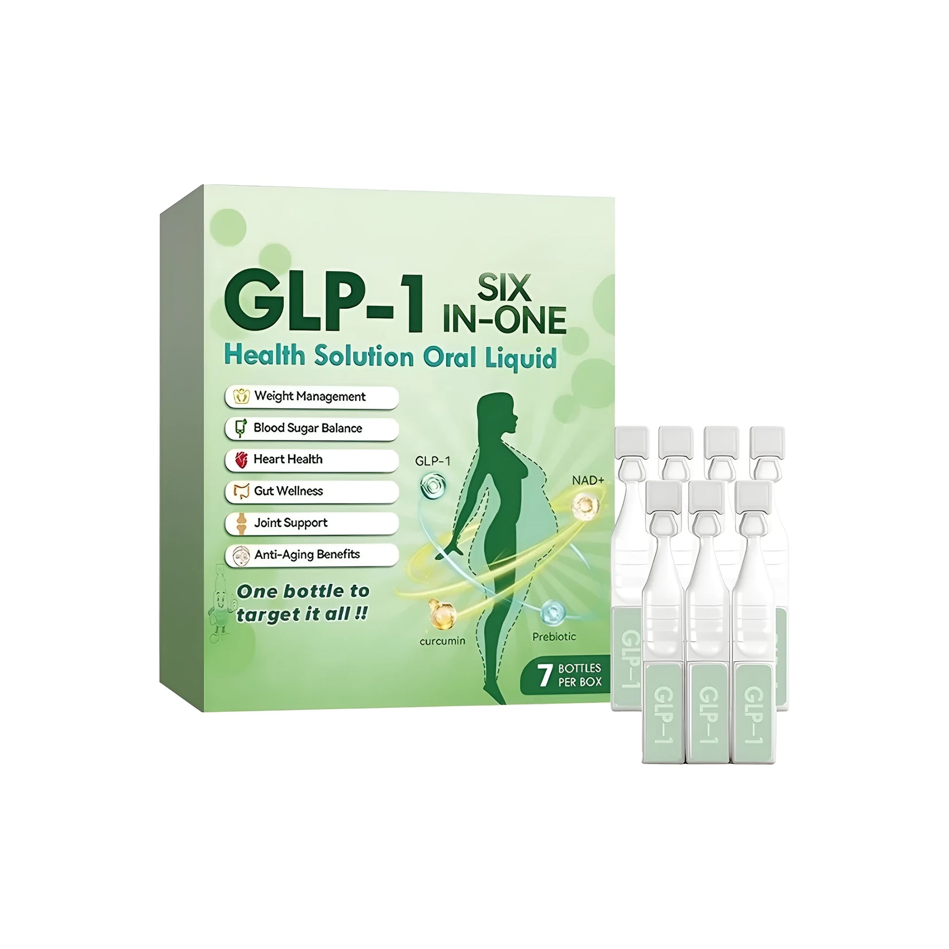 Box of seven bottles of green tea and moringa seed oral liquid supplement drops