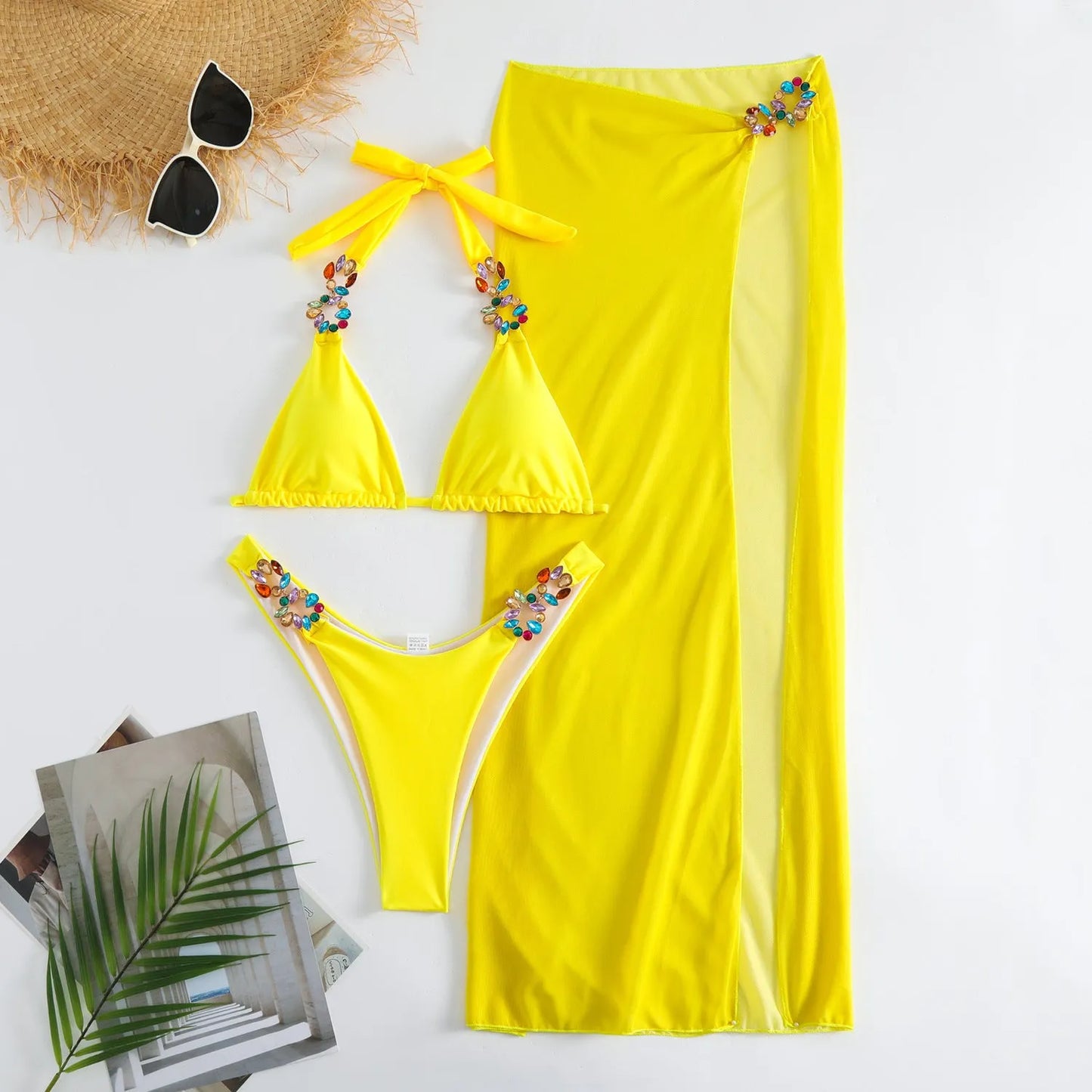 Rose red and yellow three-piece polyester bikini set with long skirt for swimming