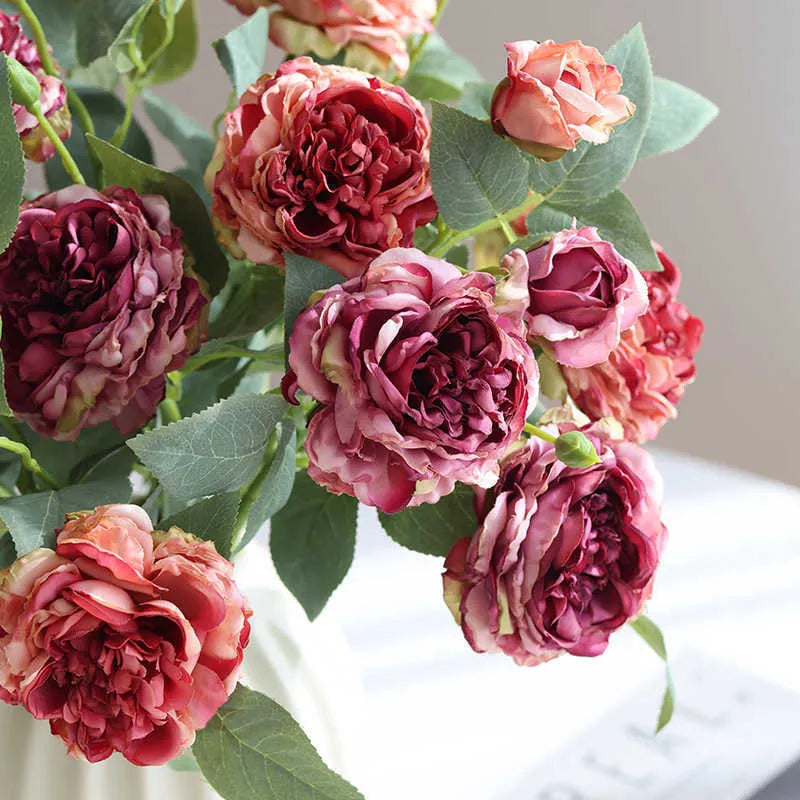 Three-head artificial silk rose flower arrangement with baked edge petals in six colour options