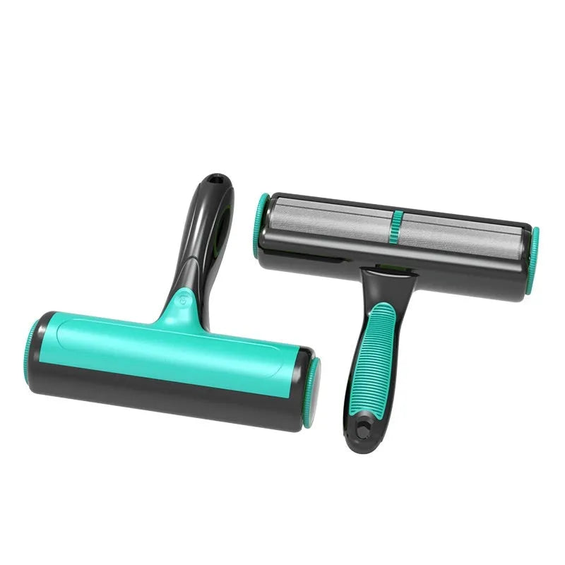 Pet hair lint roller with automatic cleaning function for sofas, showing ABS and polyester brush construction