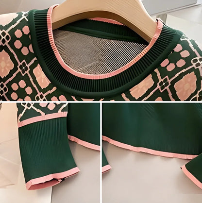 Green women's printed loose-fit sweater with regular sleeves