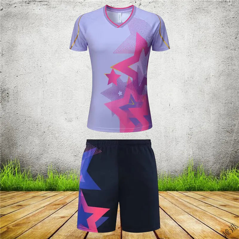 A man and woman modelling a blue and purple badminton sportswear outfit consisting of a short-sleeved top and trousers.