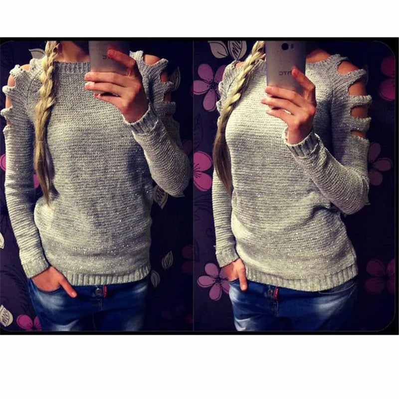 Women's white knitted shirt with hollow-out crochet pattern, round neckline, and long sleeves