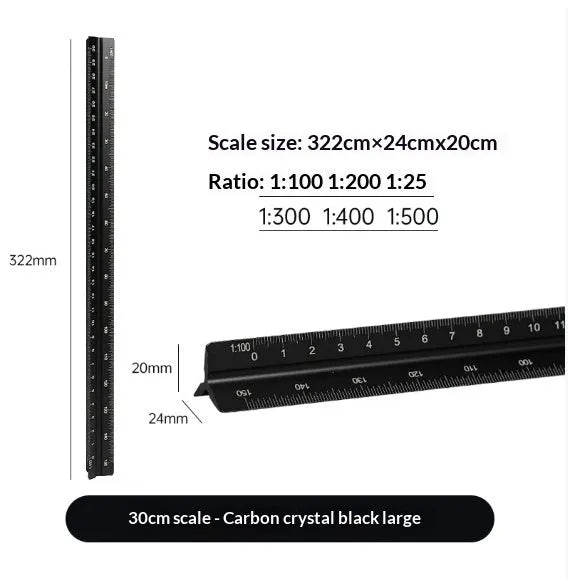 30cm triangular ruler in carbon black, prism blue, star silver or walnut gold, plastic or aluminium alloy, large or small scale