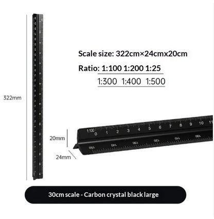 30cm triangular ruler in carbon black, prism blue, star silver or walnut gold, plastic or aluminium alloy, large or small scale
