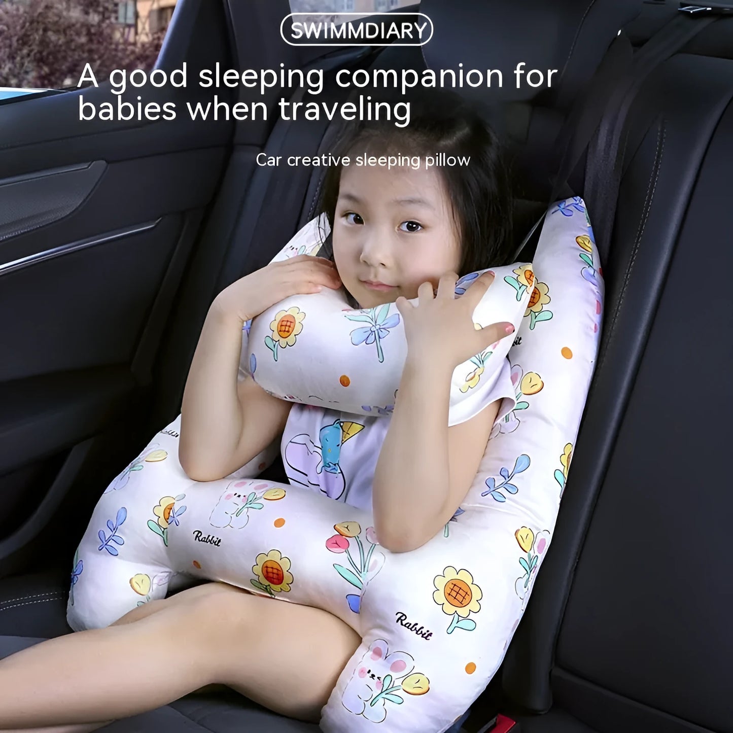55x70cm car headrest pillow with floral skirt rabbit pattern and pearl cotton fill.