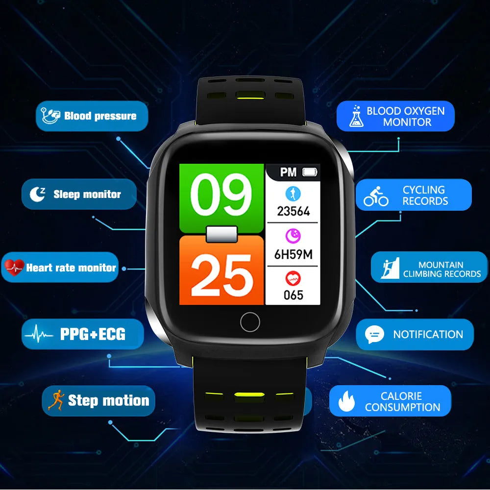 F16 smart watch with ECG and blood pressure monitor on a silicone wristband, showing the 43mm IPS screen.