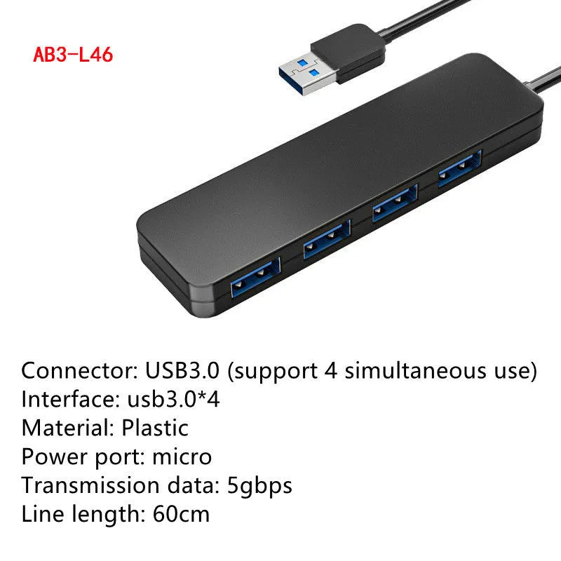 Black USB 3.0 hub with four ports, 30cm cable, and LED connection indicators