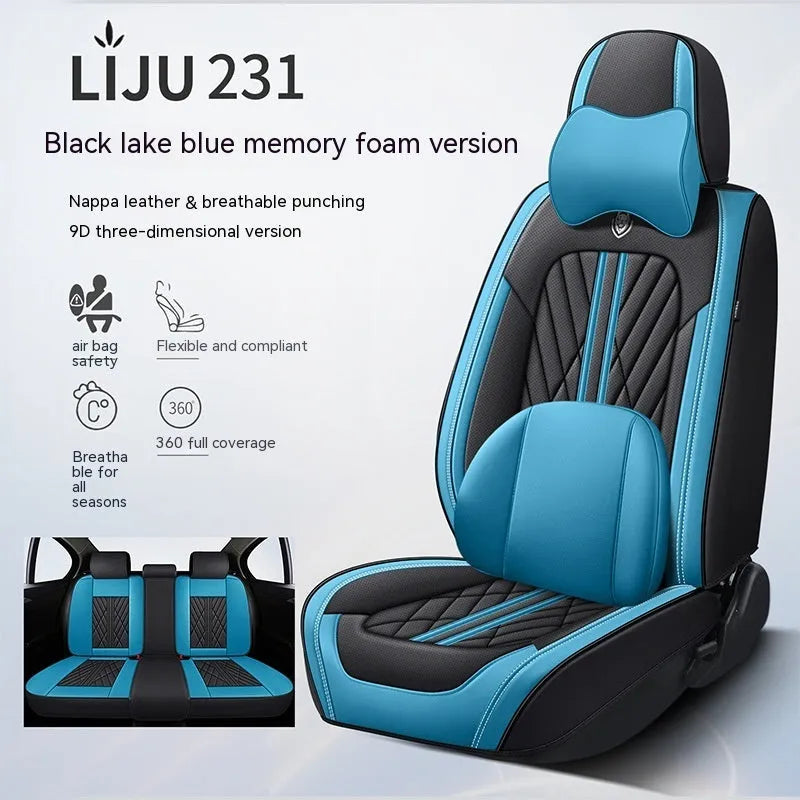 Five-seat car seat cushion set with leather covering in various colour combinations