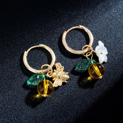 Adjustable women's ear cuffs with bee-shaped pendant, glass leaves, and floral elements in XY-123 colour